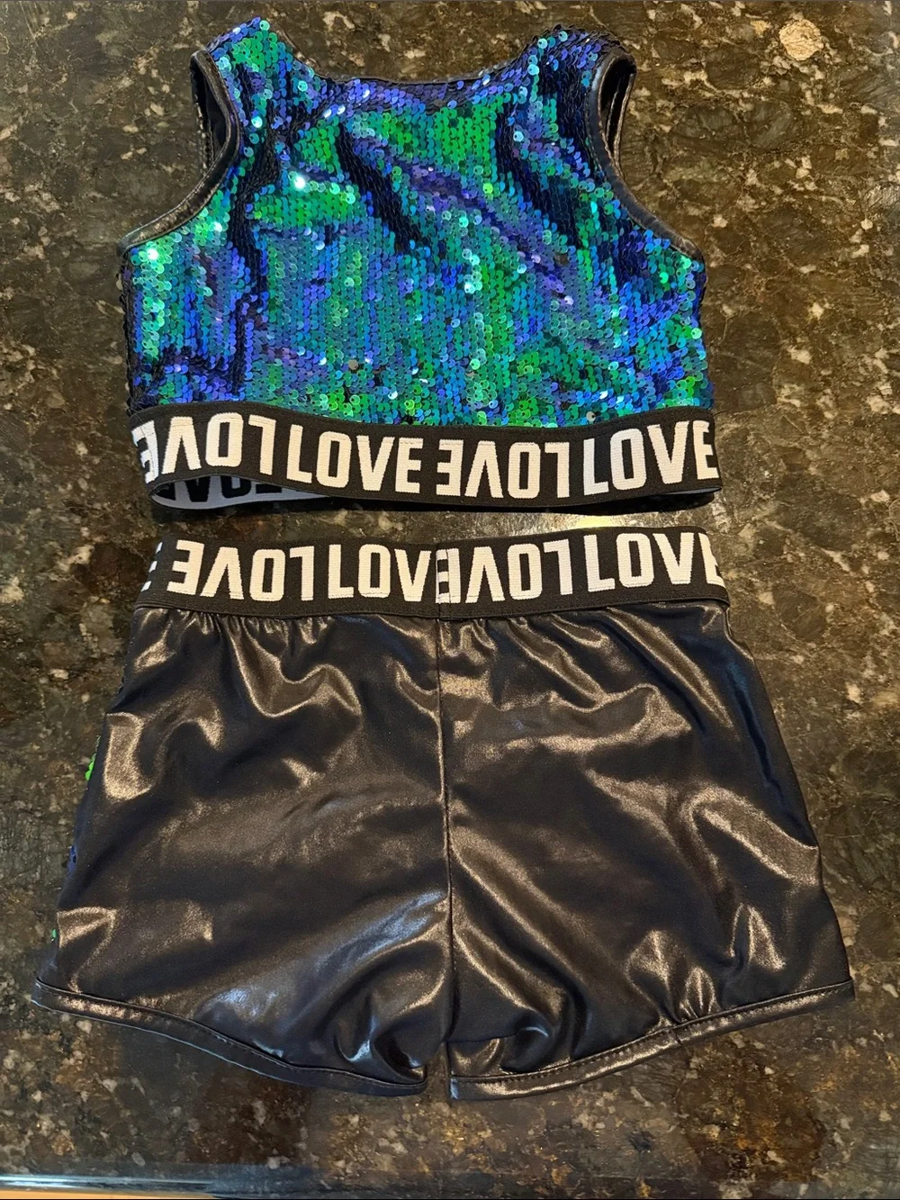 Love Kids Sequin Tank & Short Set in Blue-Green with Logo Waistband